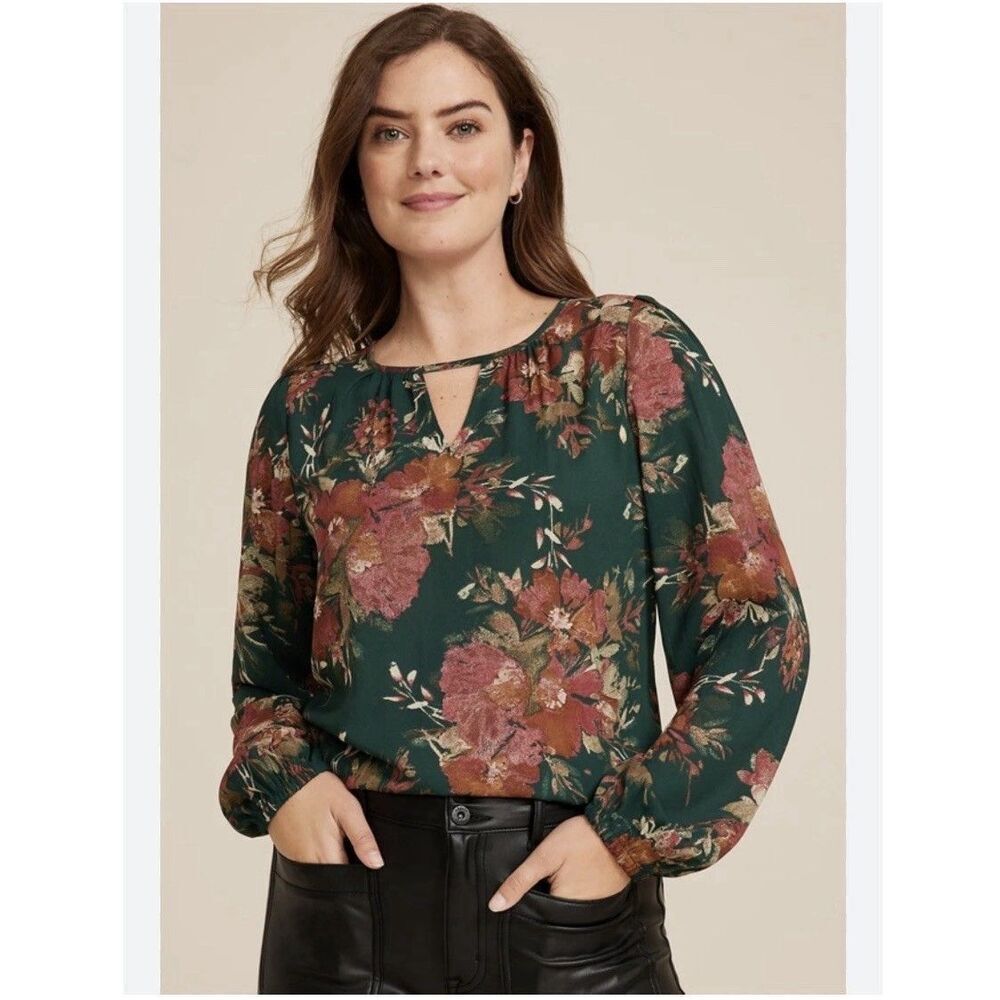 Maurices Leighton Floral Long Sleeve Blouse Green Floral Keyhole Neck Size M NWT